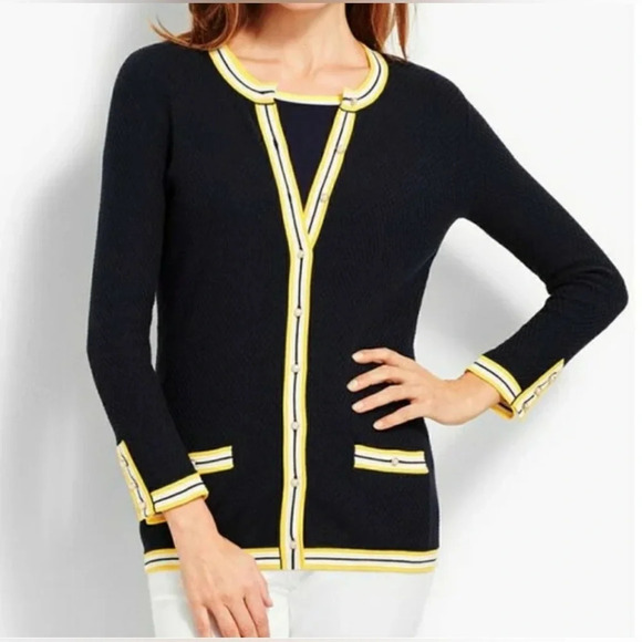 Talbots Women's Navy Yellow Trim Pearl Button Stretch Career Cardigan Sweater XL - Picture 1 of 14